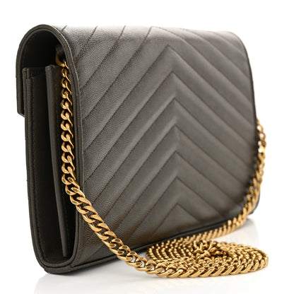 Saint Laurent Grain De Poudre Matelasse Chevron Monogram Chain Wallet Pebble 3 of 11