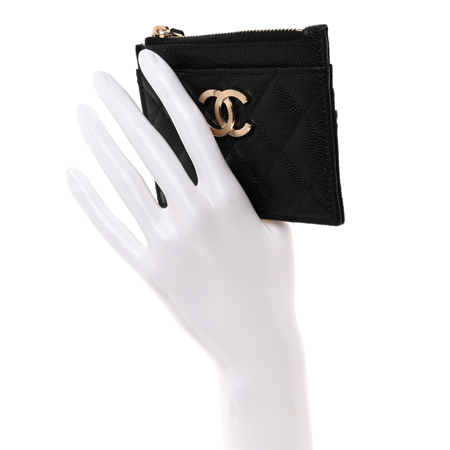 Caviar Quilted Striated Zip Card Holder Wallet Black