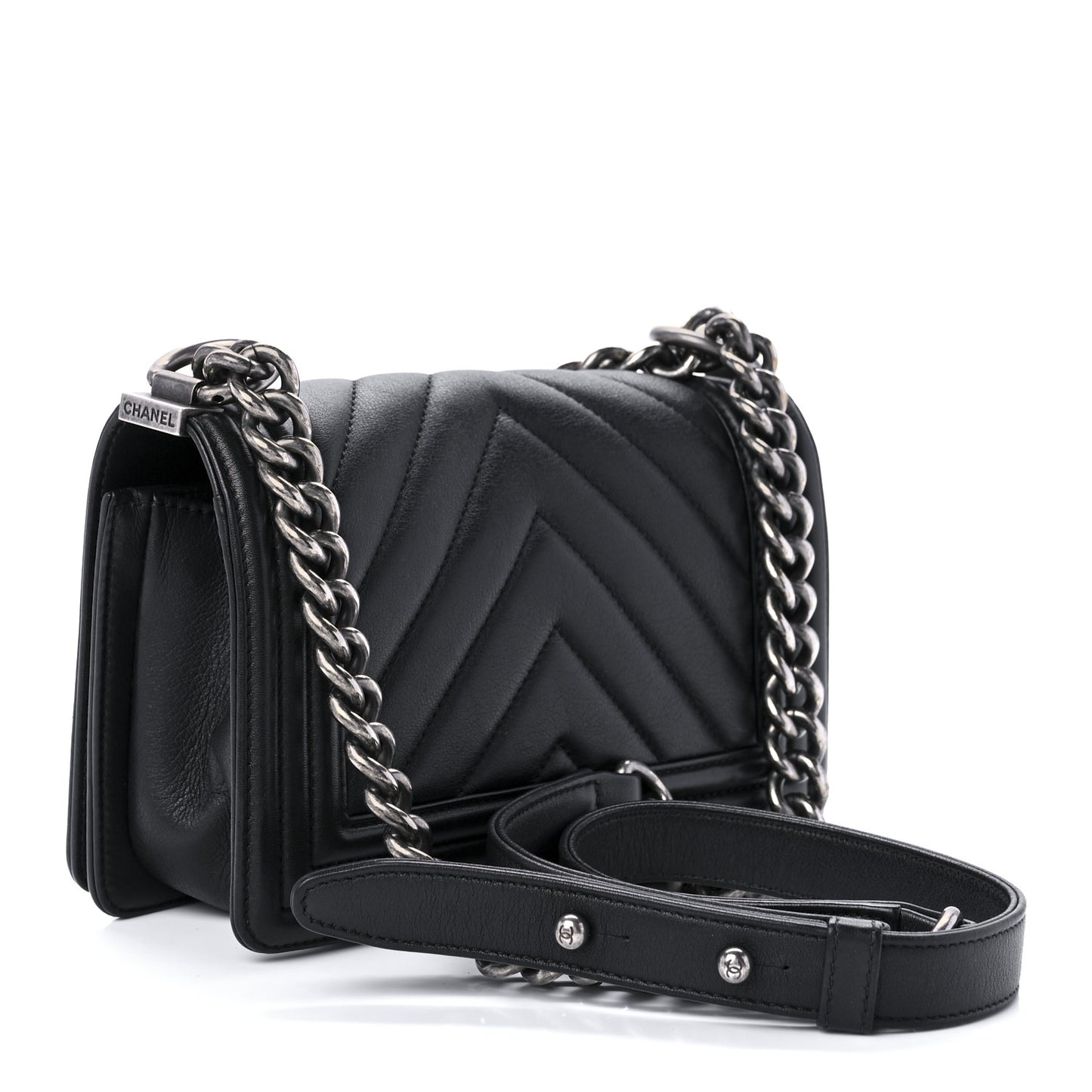 Calfskin Chevron Quilted Small Boy Flap Black