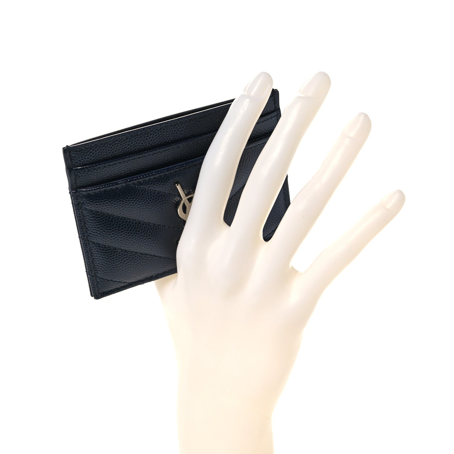 Saint Laurent Grain De Poudre Matelasse Monogram Chevron Credit Card Case Deep Marine 2 of 9