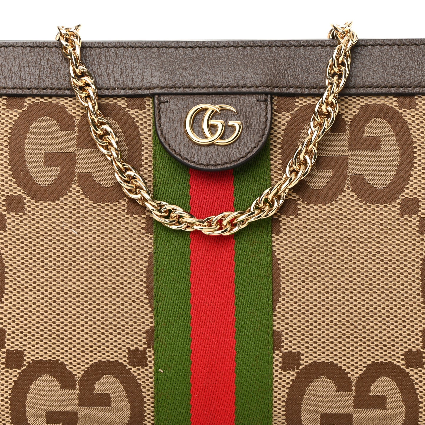 Monogram Jumbo GG Textured Dollar Calfskin Web Small Ophidia Chain Shoulder Bag Camel Ebony New Acero