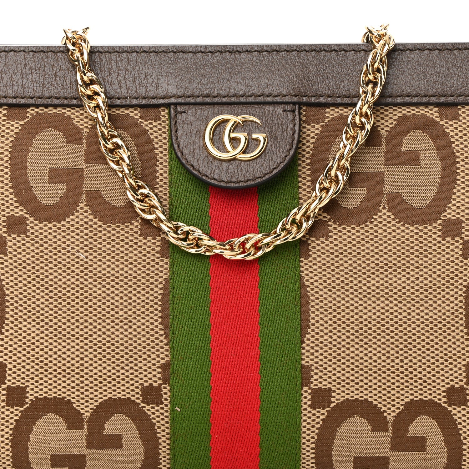Gucci Monogram Jumbo GG Textured Dollar Calfskin Web Small Ophidia Chain Shoulder Bag Camel Ebony New Acero 8 of 11