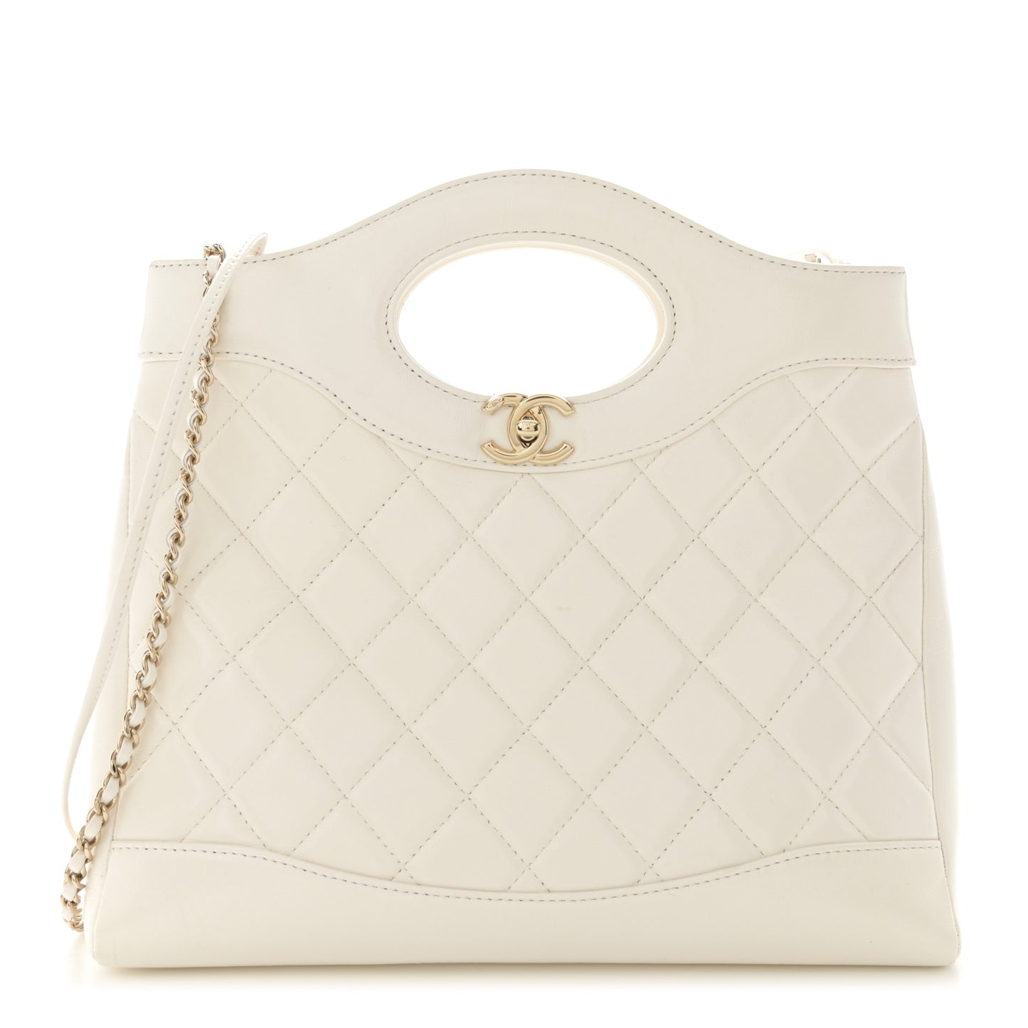 Shiny Lambskin Quilted Small 31 Shopping Bag White