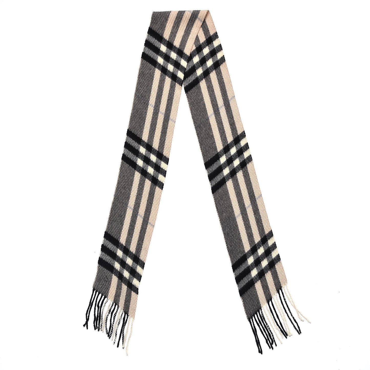 Cashmere Check Fringe Skinny Scarf Beige