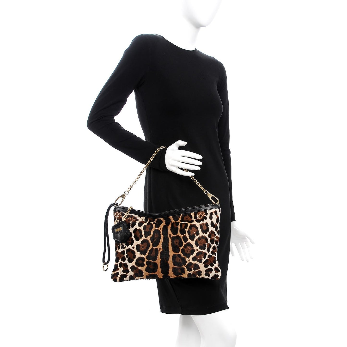 Sequin Leopard Print Calf Hair Chain Clutch Beige Bottle Green