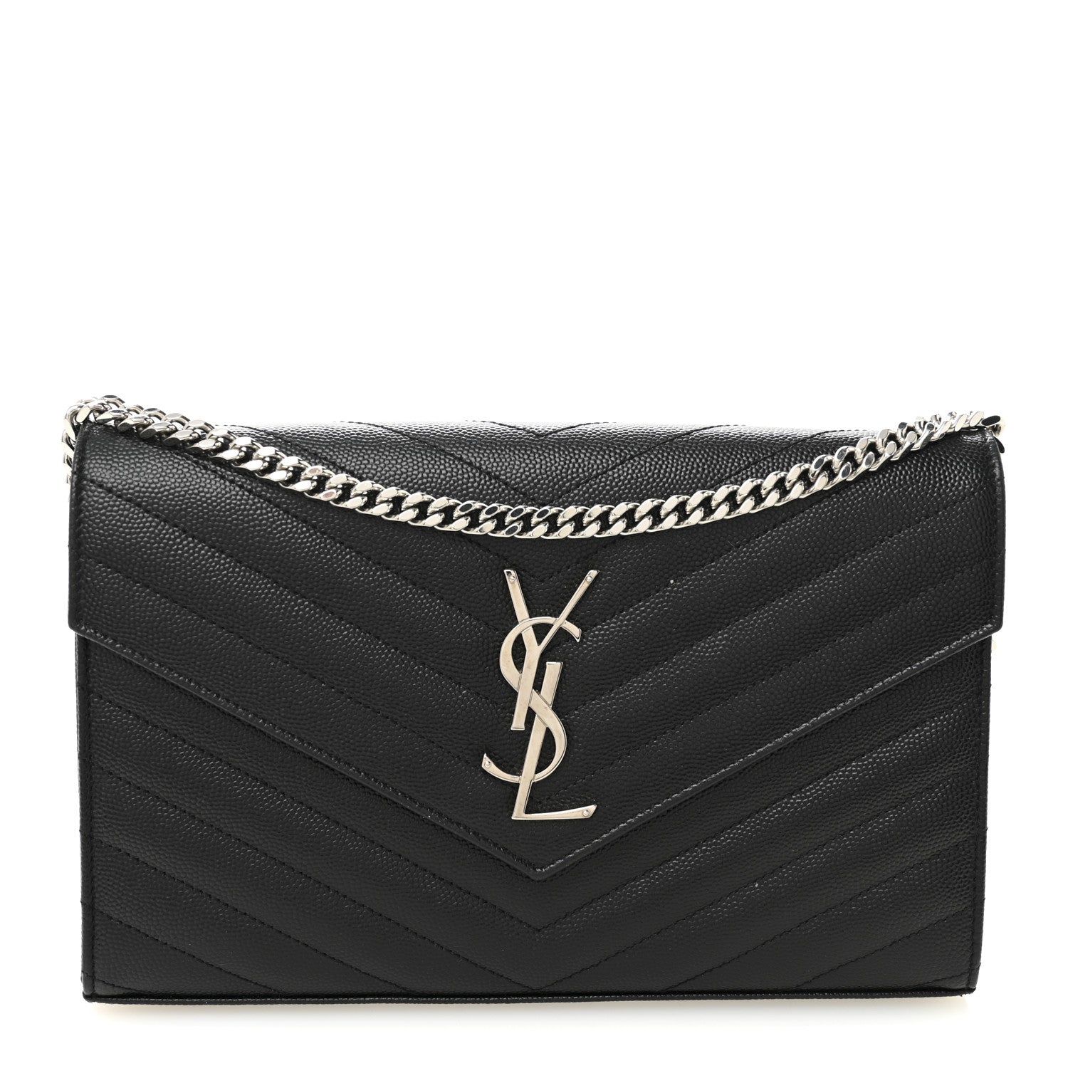 Saint Laurent Grain De Poudre Matelasse Chevron Monogram Chain Wallet Black 1 of 9