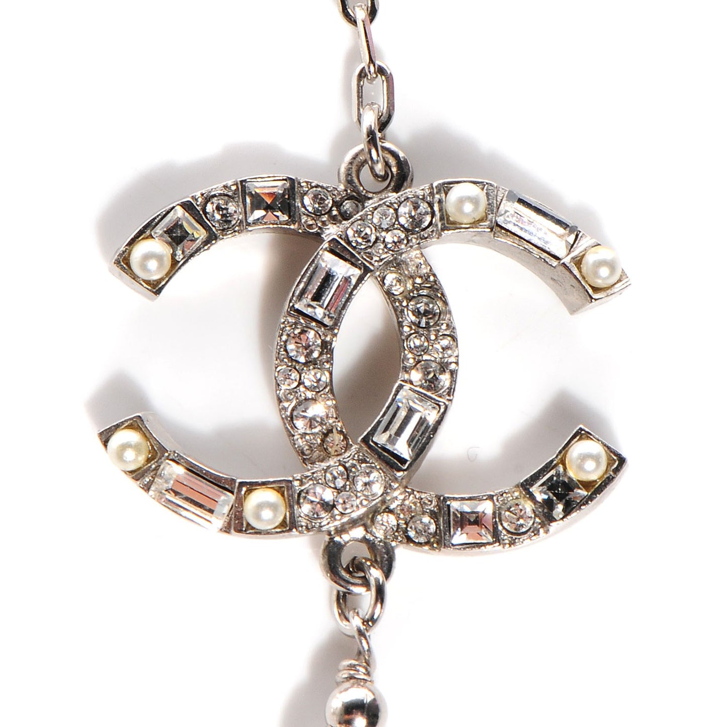 Crystal Pearl CC Long Necklace Silver