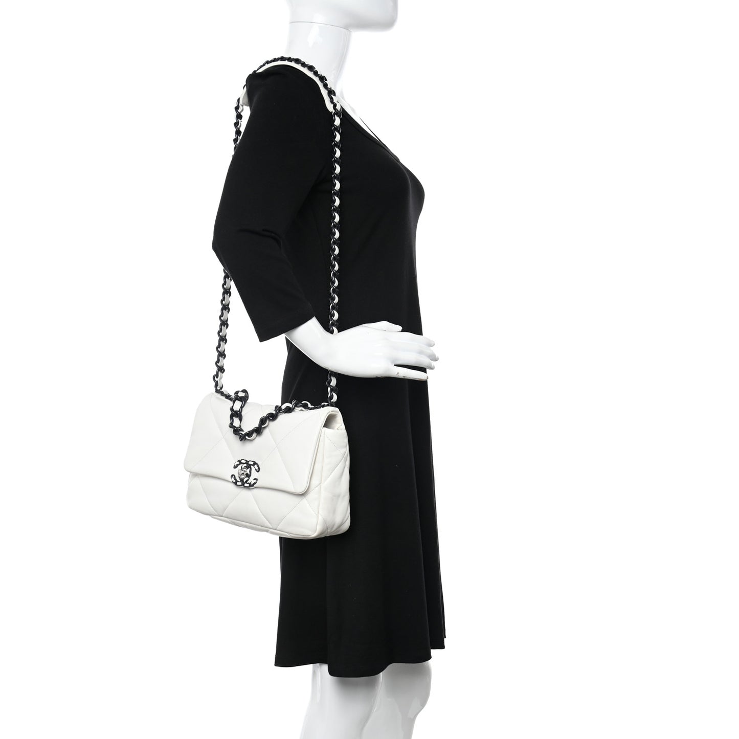 Glossy Calfskin Quilted Medium Chanel 19 Flap White Black