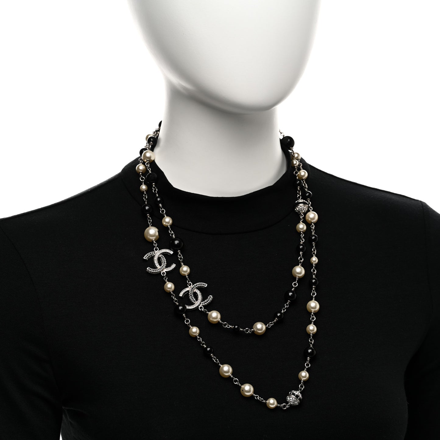 Metal Pearl Crystal Bead CC Long Necklace Silver Black