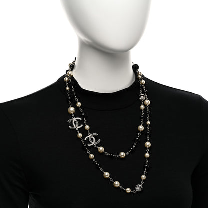 Chanel Metal Pearl Crystal Bead CC Long Necklace Silver Black 2 of 6