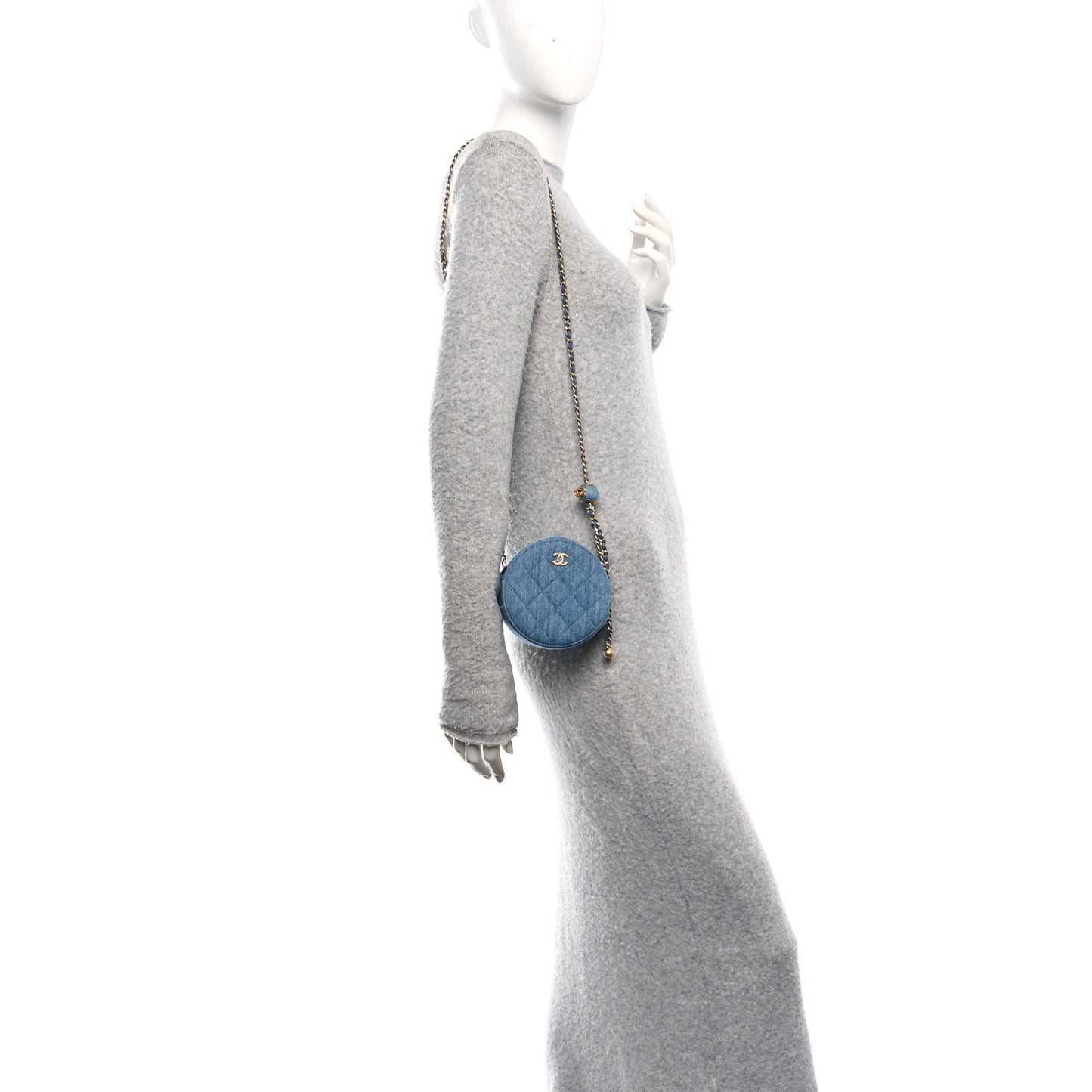 Denim Quilted Round Pearl Crush Clutch With Chain Blue
