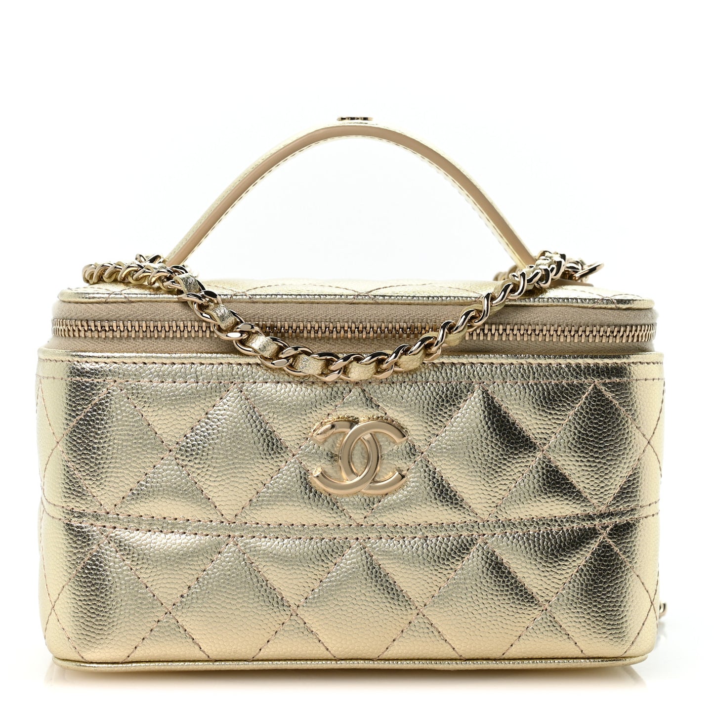 Metallic Caviar Quilted Trendy Handle Vanity Gold