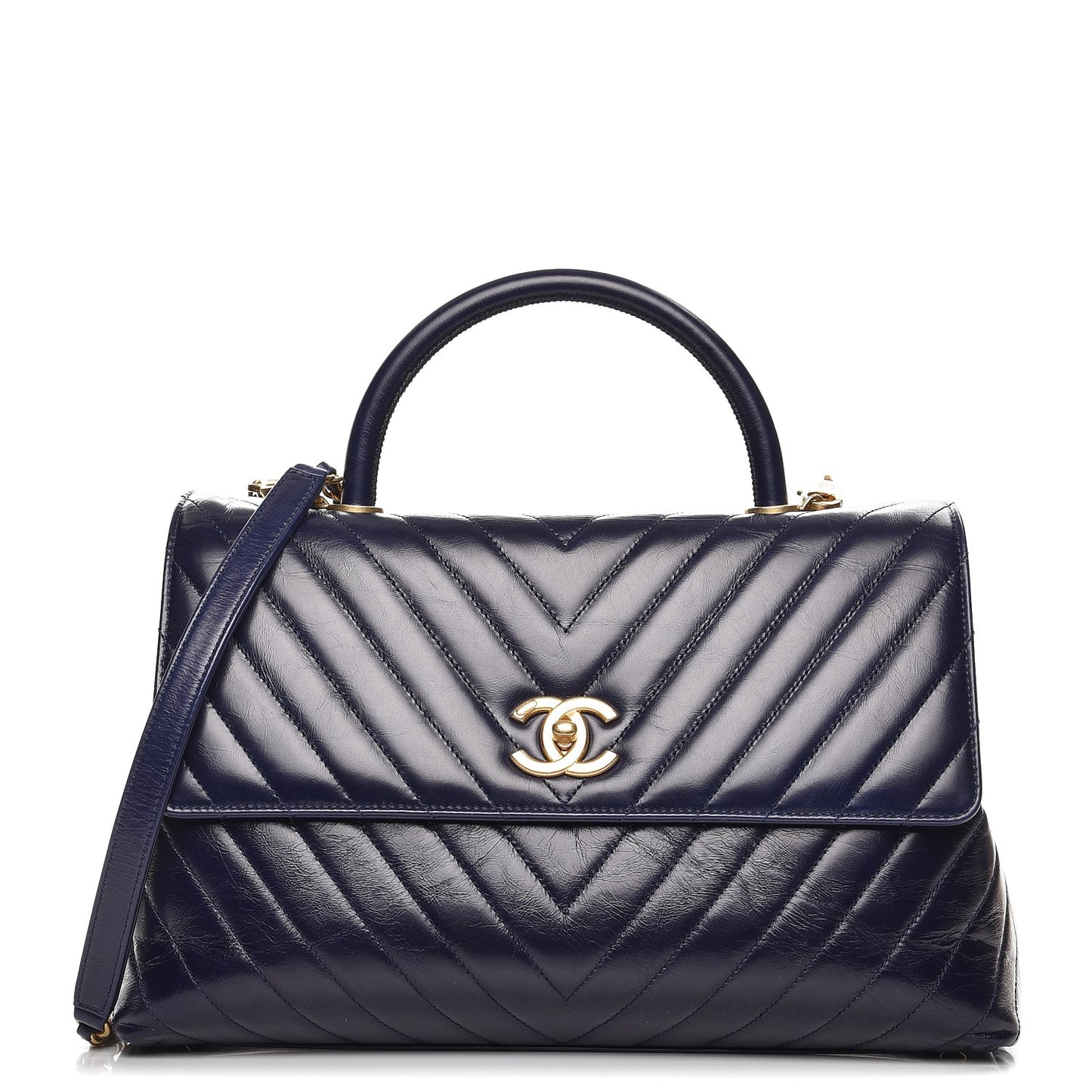 Calfskin Chevron Quilted Large Coco Handle Flap Blue