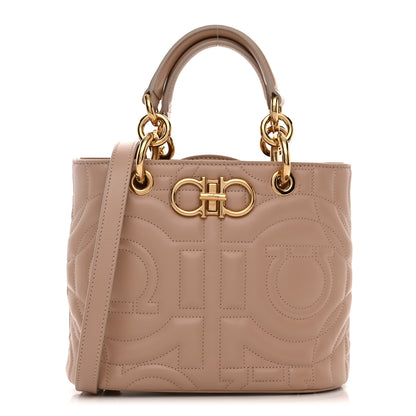 Salvatore Ferragamo Calfskin Embossed Logo Plaque Gancini Tote Beige 1 of 10