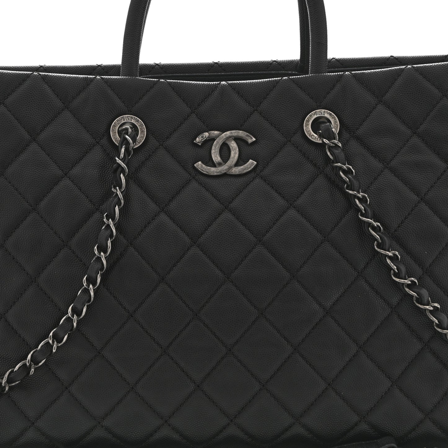Caviar Quilted Large Coco Handle Shopping Tote Black