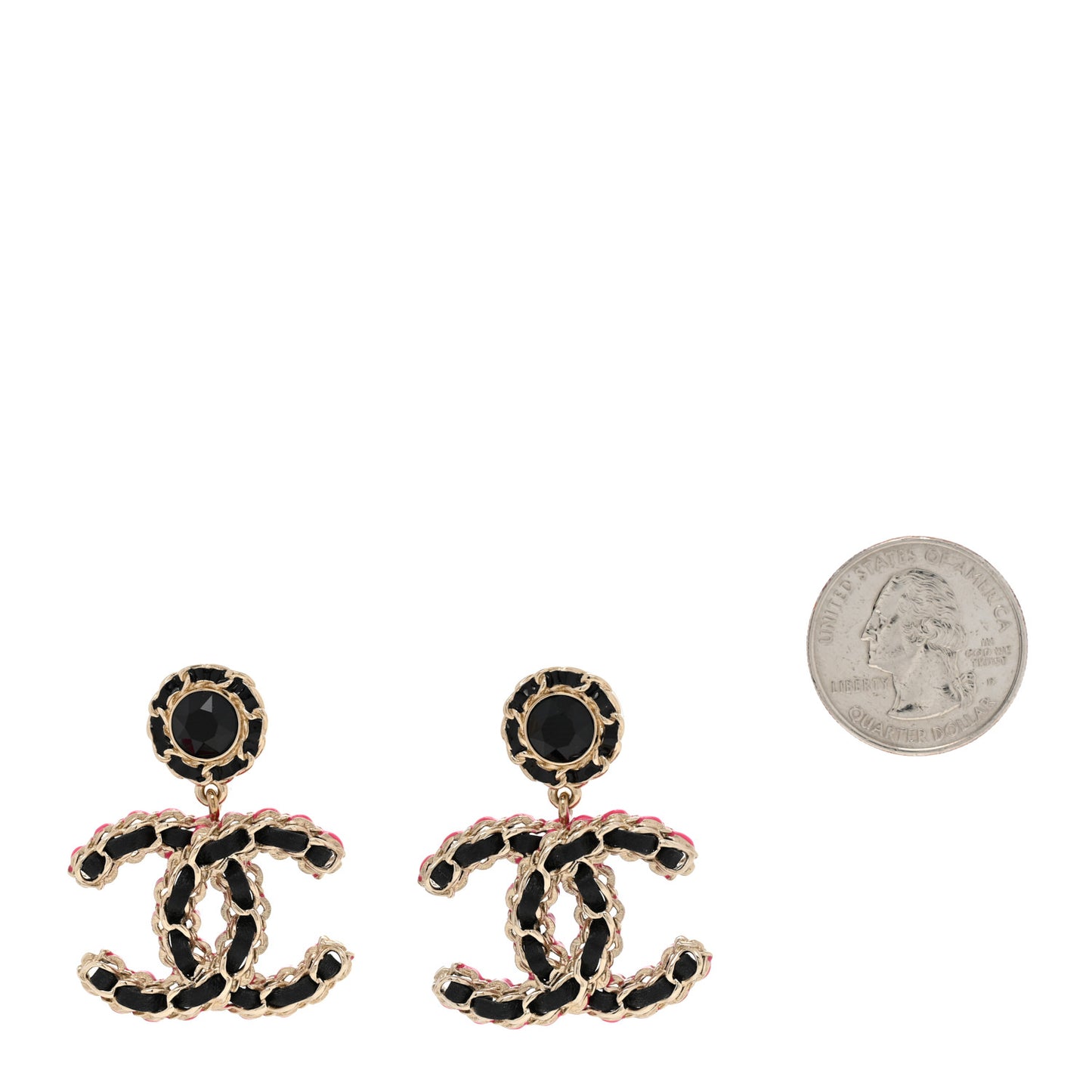 Metal Lambskin CC Chain Drop Earrings Black Gold Pink