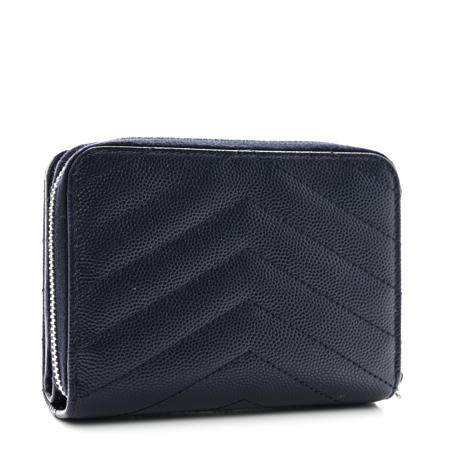 Saint Laurent Grain De Poudre Matelasse Chevron Monogram Compact Zip Around Wallet Deep Marine 3 of 7