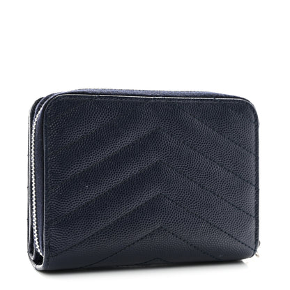 Saint Laurent Grain De Poudre Matelasse Chevron Monogram Compact Zip Around Wallet Deep Marine 3 of 7
