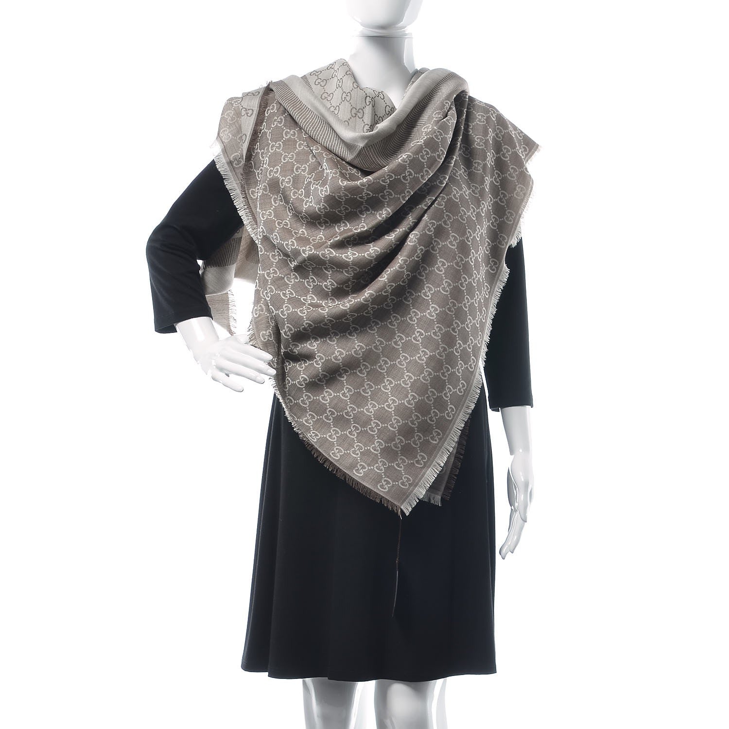 Gucci Wool Silk Monogram GGWeb Fringe Shawl Bitume Ivory 2 of 6