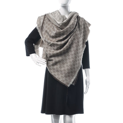 Gucci Wool Silk Monogram GGWeb Fringe Shawl Bitume Ivory 2 of 6
