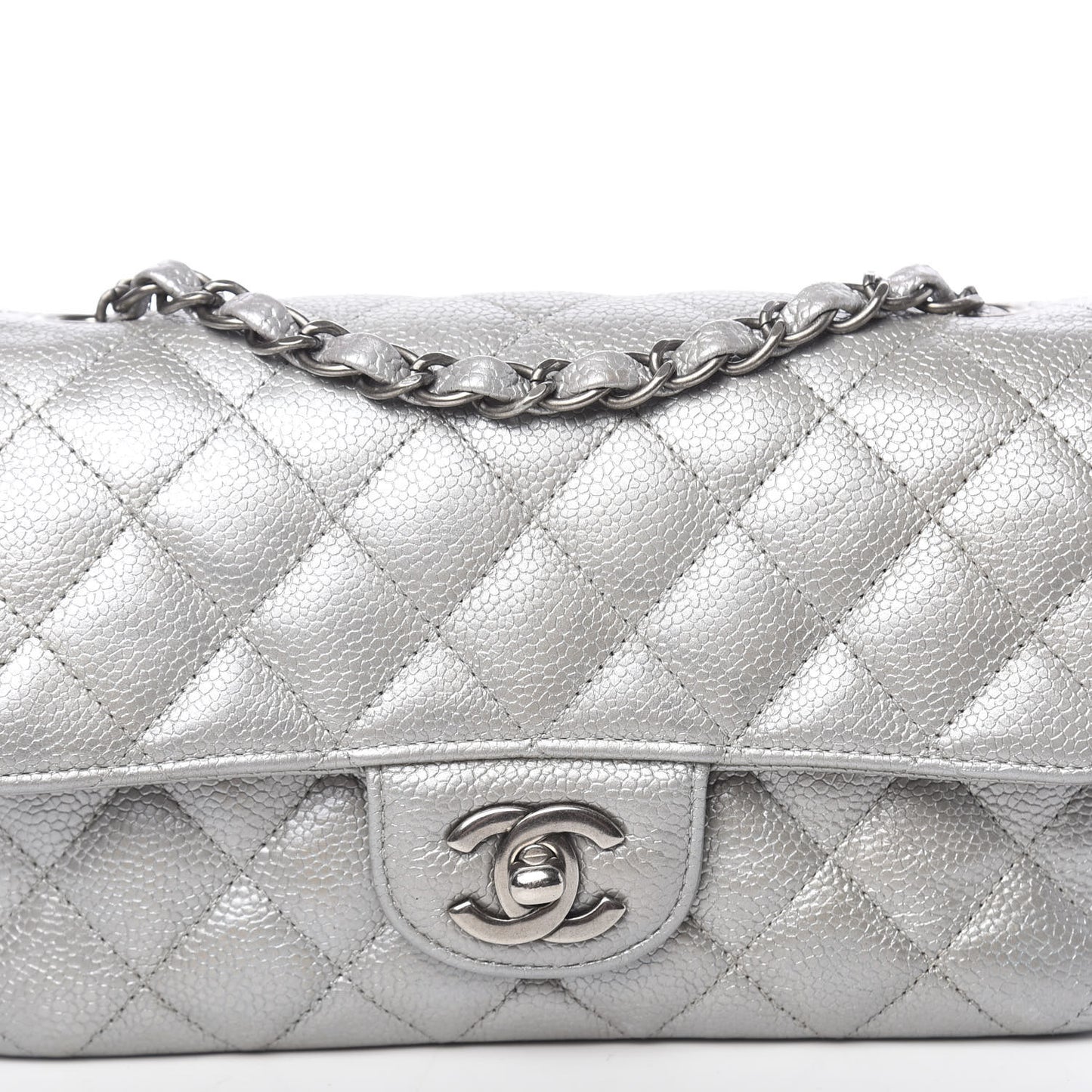 Metallic Caviar Quilted Mini Rectangular Flap Silver