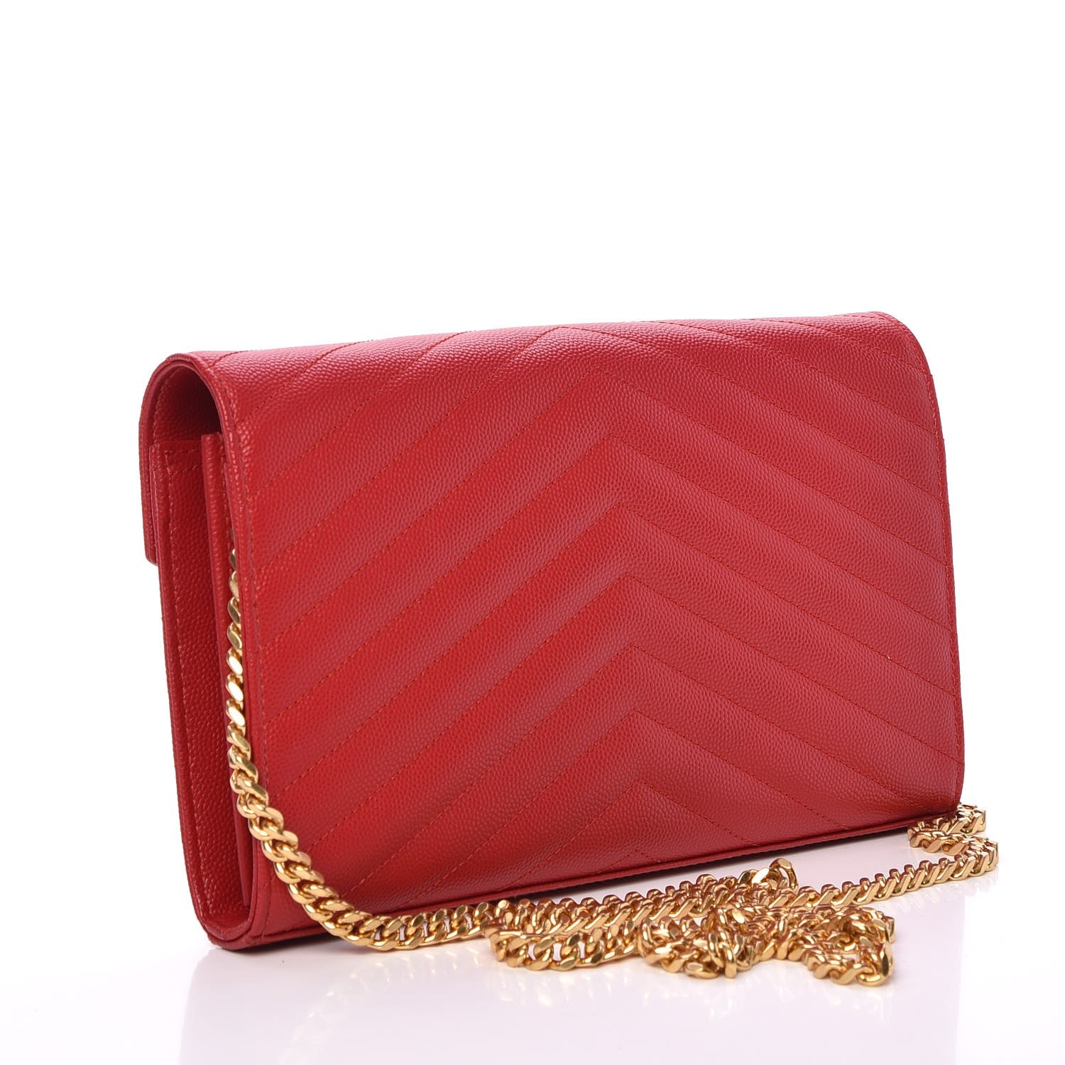Saint Laurent Grain De Poudre Matelasse Chevron Monogram Chain Wallet New Red 3 of 8