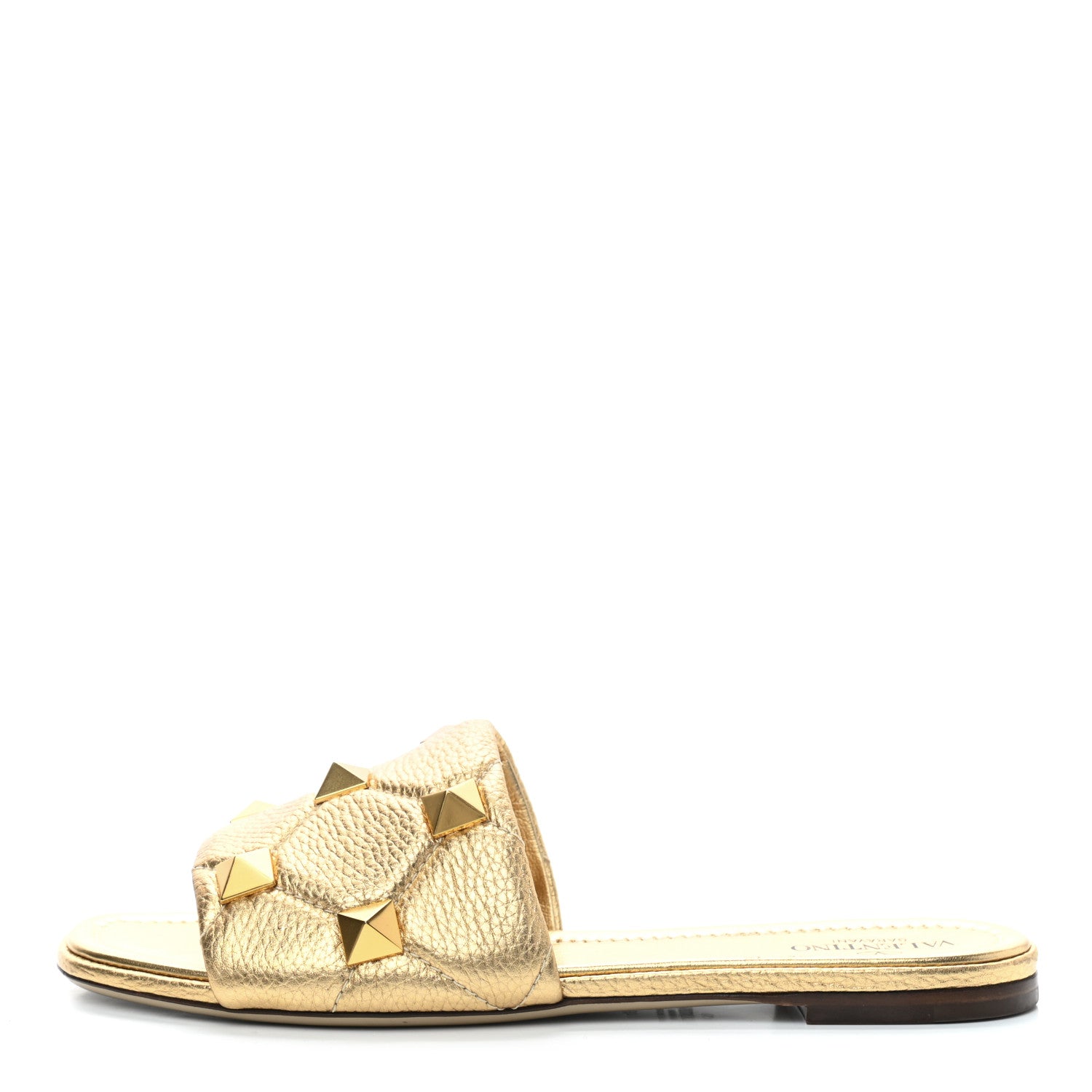 Valentino Garavani Metallic Pebbled Calfskin Roman Stud Flat Slide Sandals 40 Antique Brass 1 of 9