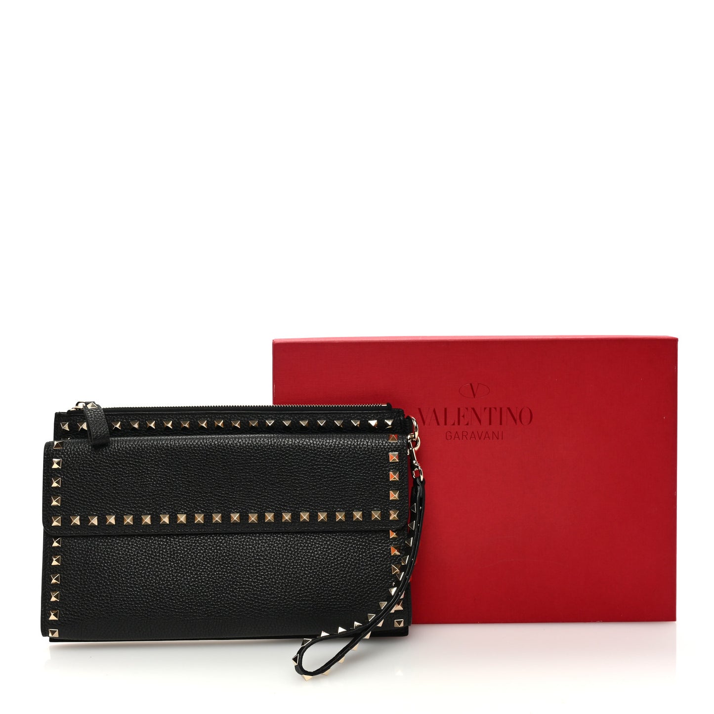Pebbled Calfskin Large Rockstud Wristlet Clutch Black