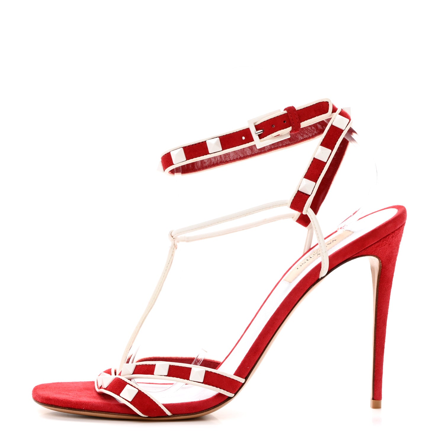 Valentino Garavani Suede Free Rockstud Ankle T-Strap 105mm Sandals 40 Rosso Valentino White 1 of 8