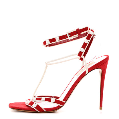 Valentino Garavani Suede Free Rockstud Ankle T-Strap 105mm Sandals 40 Rosso Valentino White 1 of 8