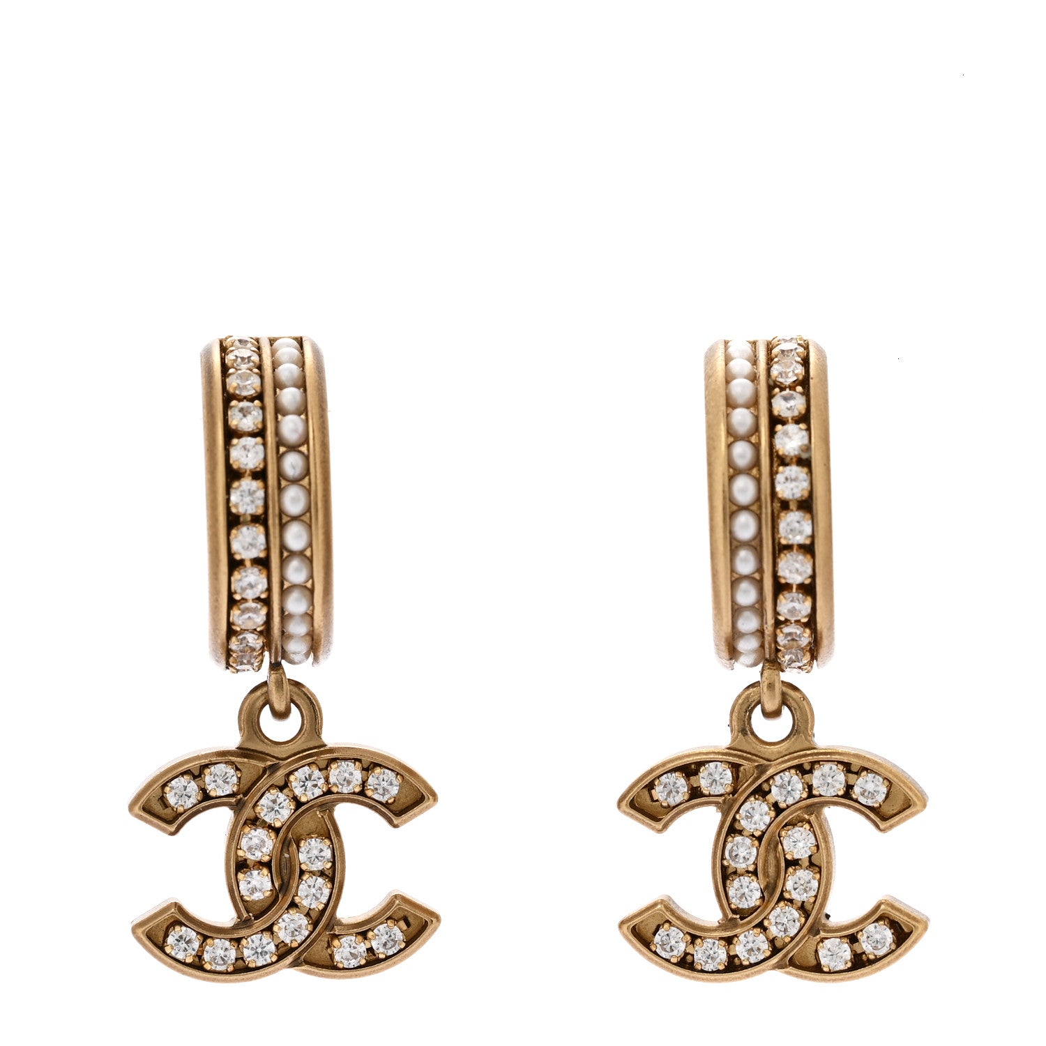 Chanel Crystal Pearl CC Hoop Drop Earrings Gold 1 of 4