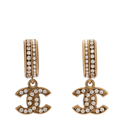 Chanel Crystal Pearl CC Hoop Drop Earrings Gold 1 of 4