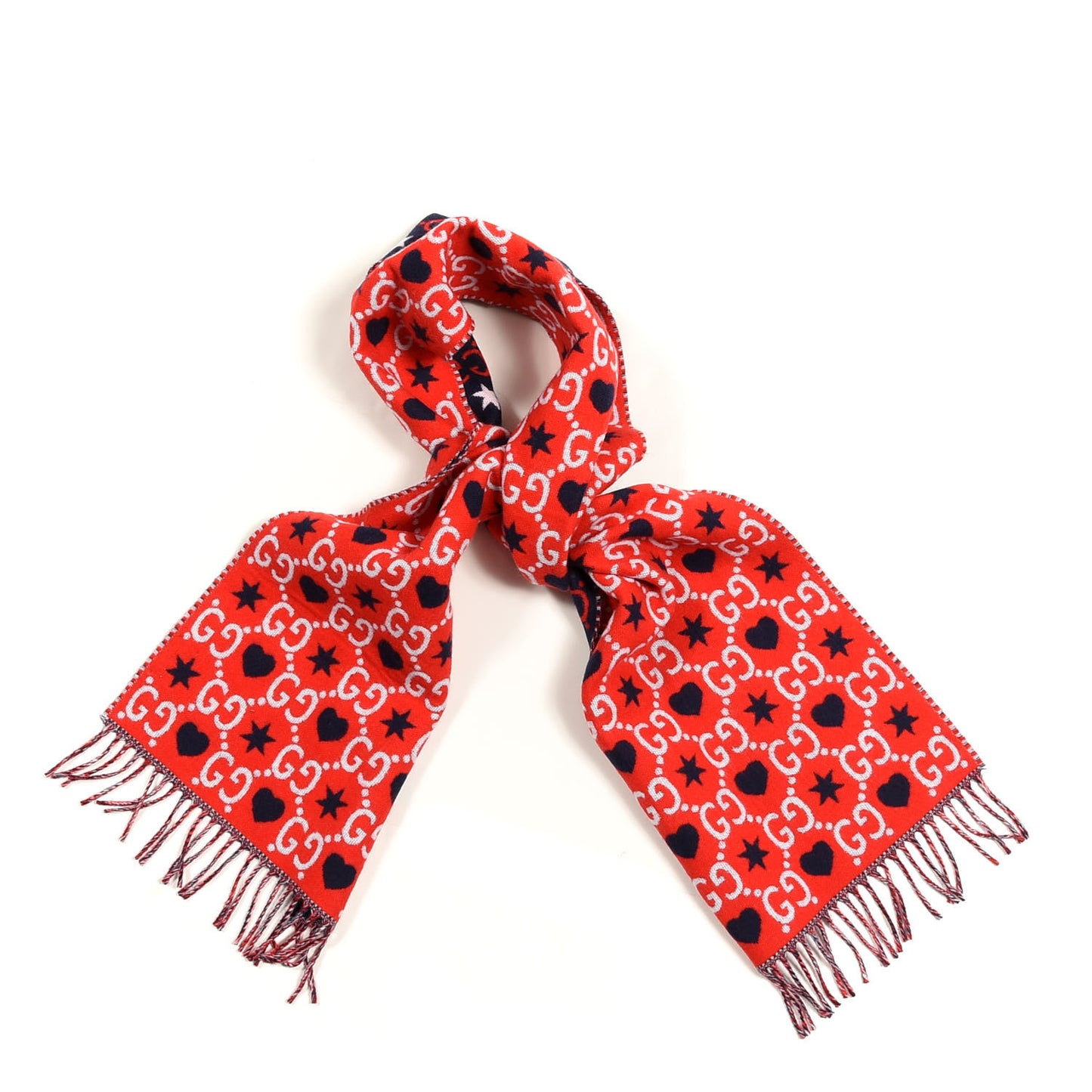 Wool Jacquard GG Monogram Hearts Scarf Red Blue