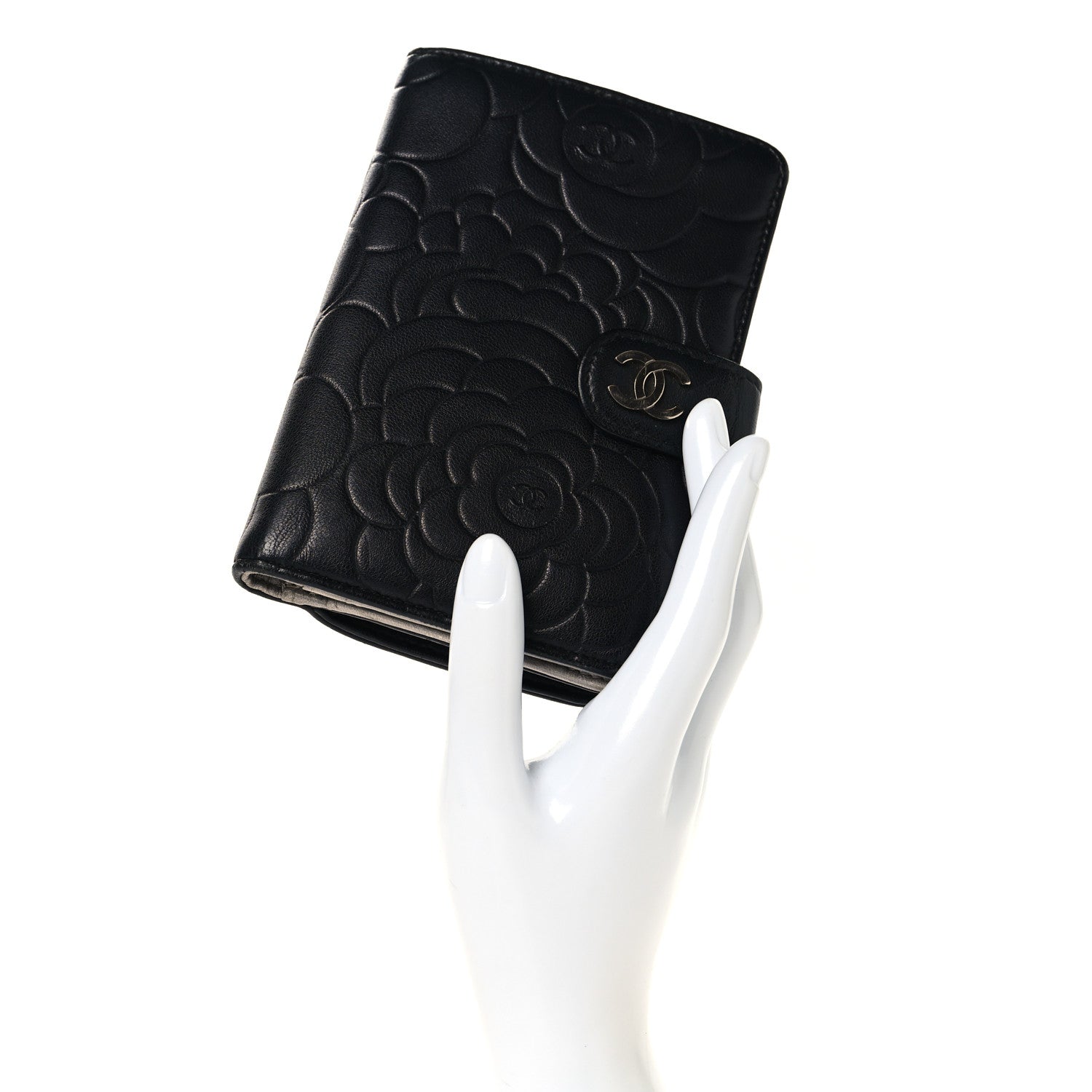 Chanel Lambskin Camellia Embossed Zipped Pocket Wallet Black 2 of 8