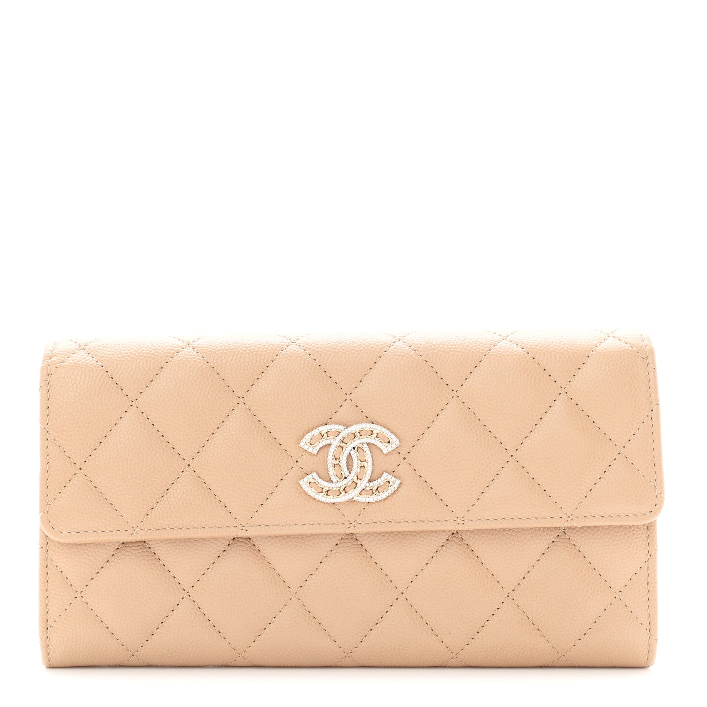 Caviar Quilted Crystal CC Large Gusset Flap Wallet Beige