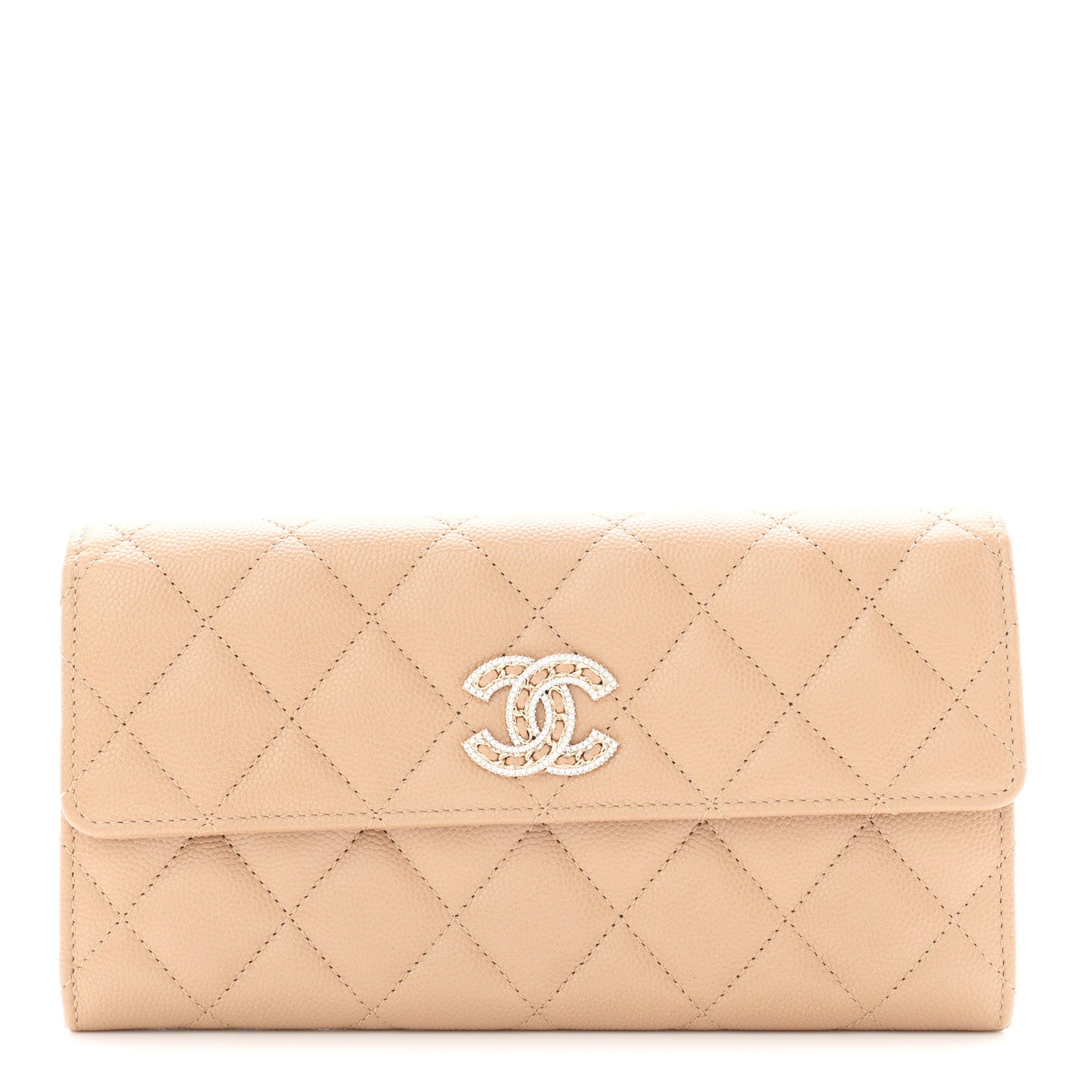 Chanel Caviar Quilted Crystal CC Large Gusset Flap Wallet Beige 1 of 9