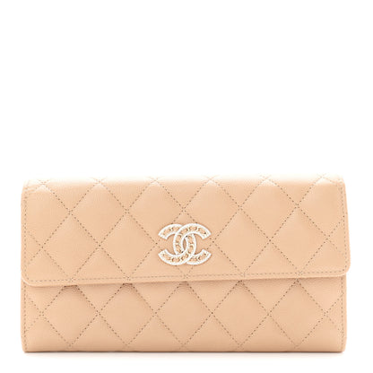 Chanel Caviar Quilted Crystal CC Large Gusset Flap Wallet Beige 1 of 9