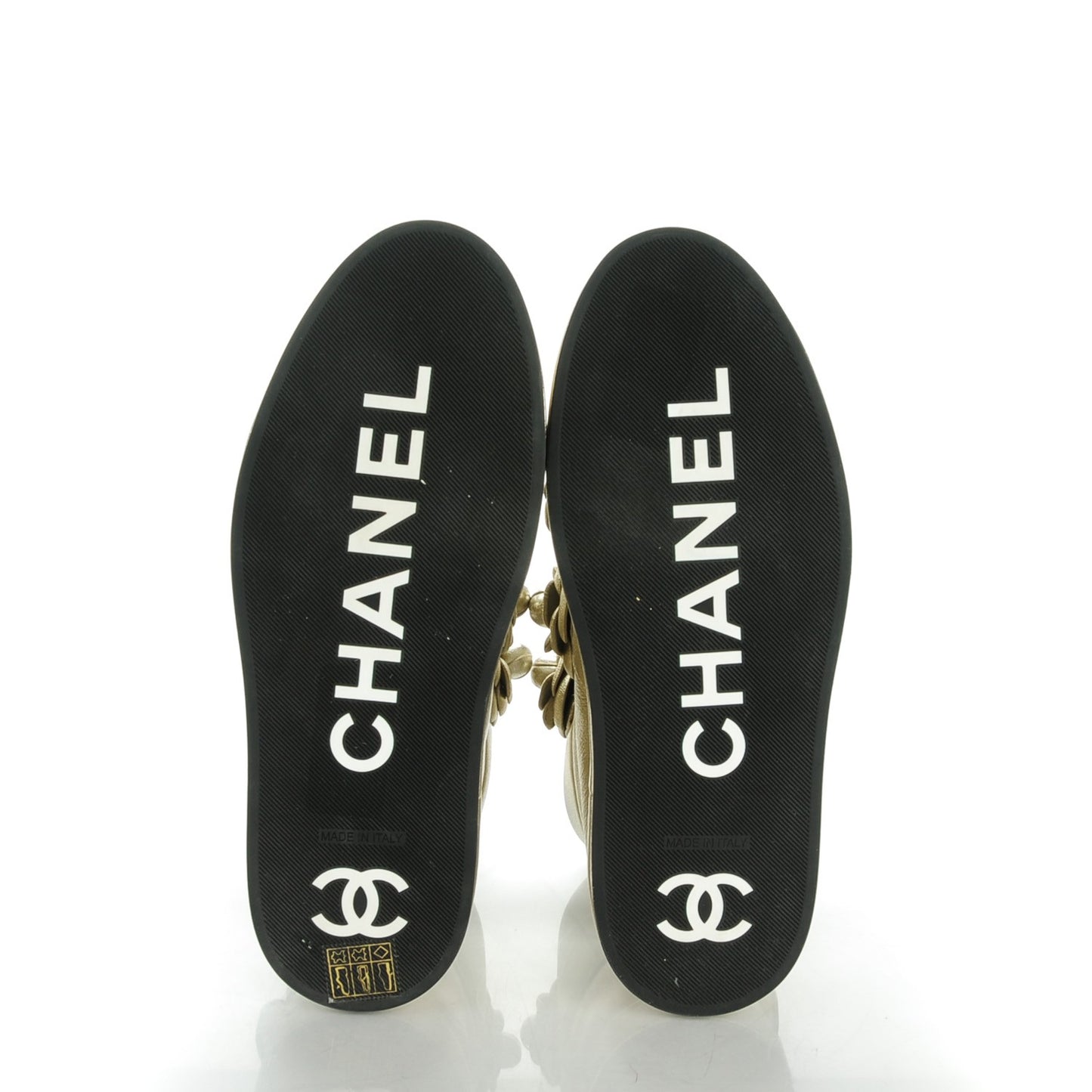 Metallic Lambskin Pearl Camellia High Top Sneakers 37 Gold