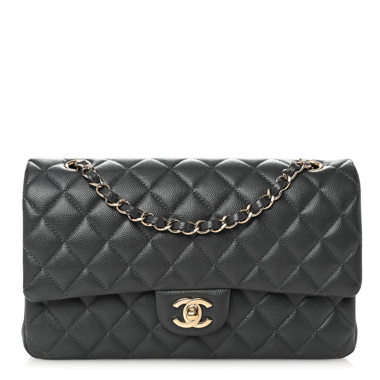 Caviar Quilted Medium Double Flap Dark Grey