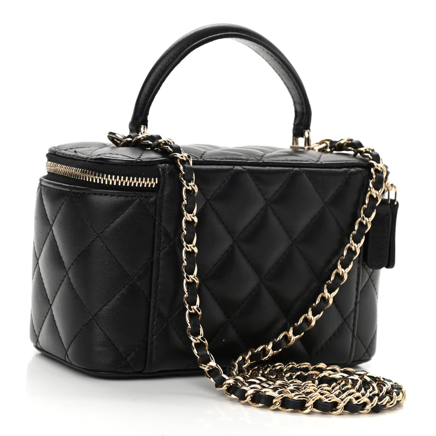 Lambskin Quilted Small Top Handle Vanity Case With Chain Black