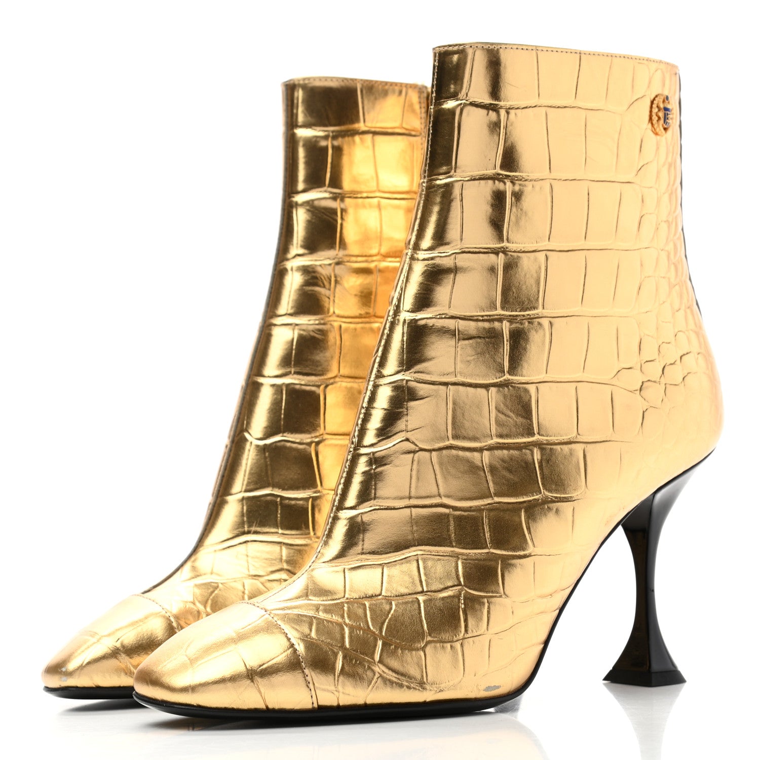 Chanel Calfskin Crocodile Embossed Cap Toe Ankle Boots 37 Gold 3 of 15