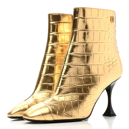 Chanel Calfskin Crocodile Embossed Cap Toe Ankle Boots 37 Gold 3 of 15