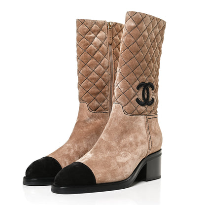 Chanel Suede Quilted CC High Boots 38 Dark Beige Black 3 of 11