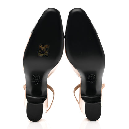 Chanel Goatskin Grosgrain Cap Toe CC Slingback Pumps 37 Beige Black 5 of 9