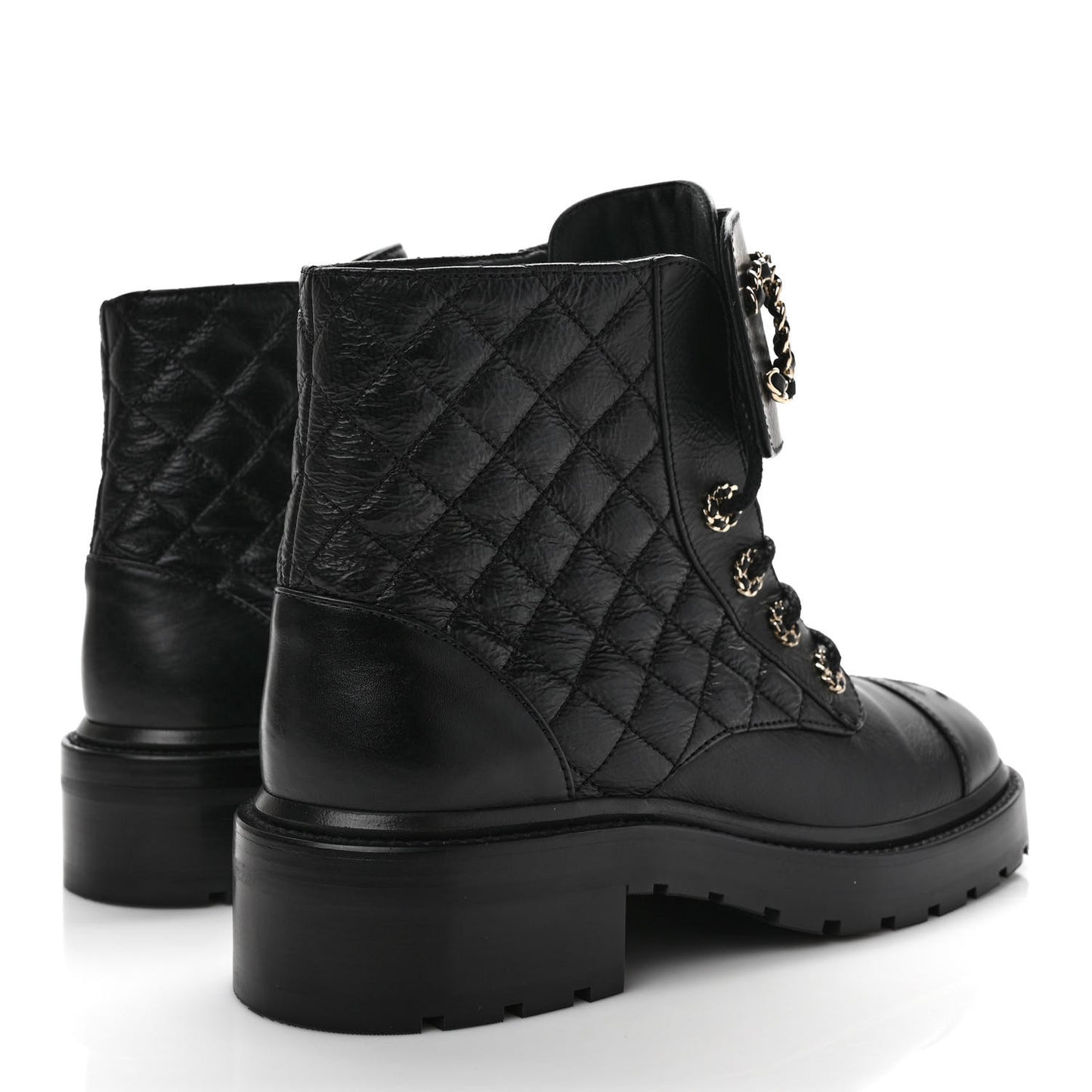 Shiny Goatskin Calfskin Quilted Lace Up Combat Boots 39 Black