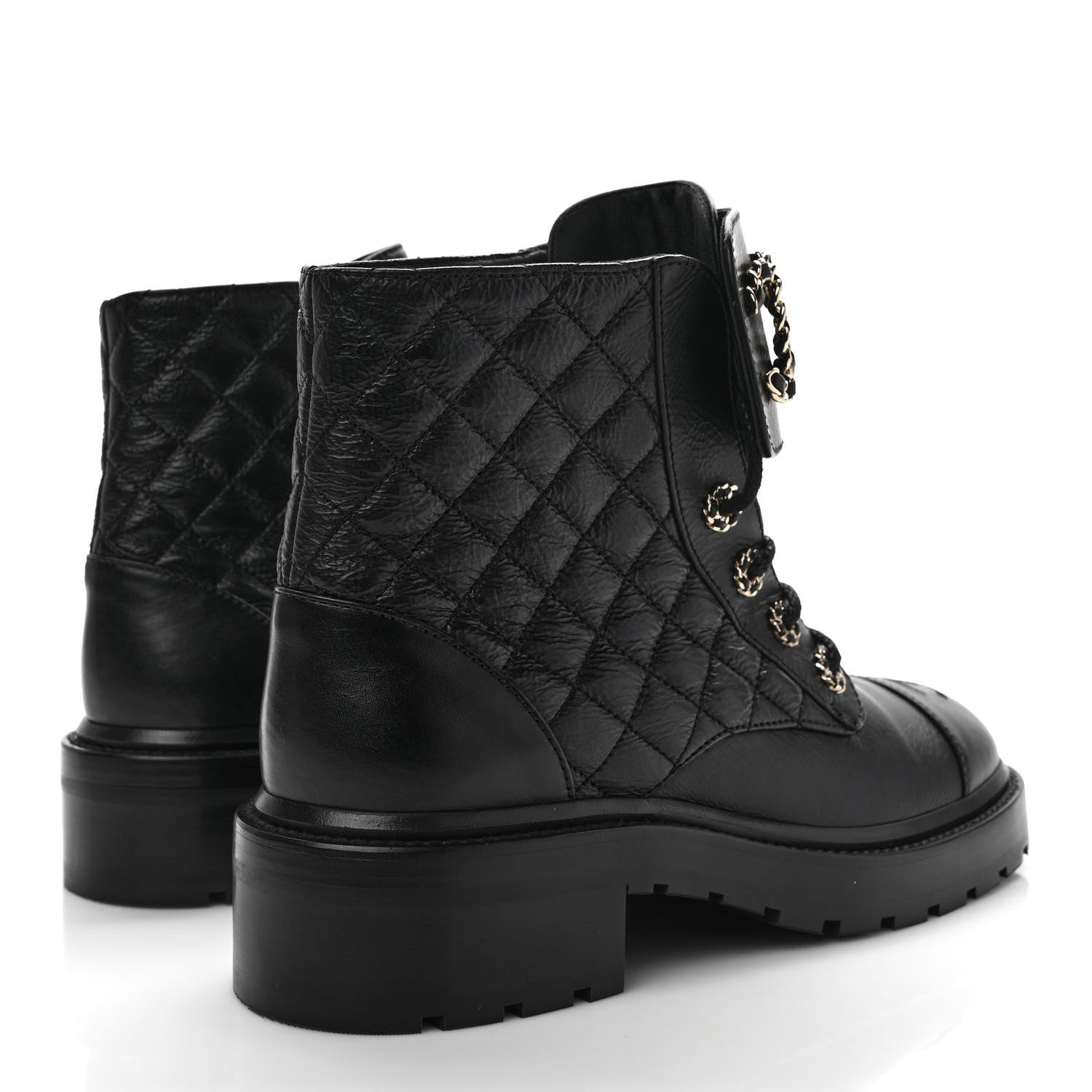 Chanel Shiny Goatskin Calfskin Quilted Lace Up Combat Boots 39 Black 4 of 9