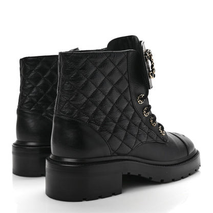 Chanel Shiny Goatskin Calfskin Quilted Lace Up Combat Boots 39 Black 4 of 9