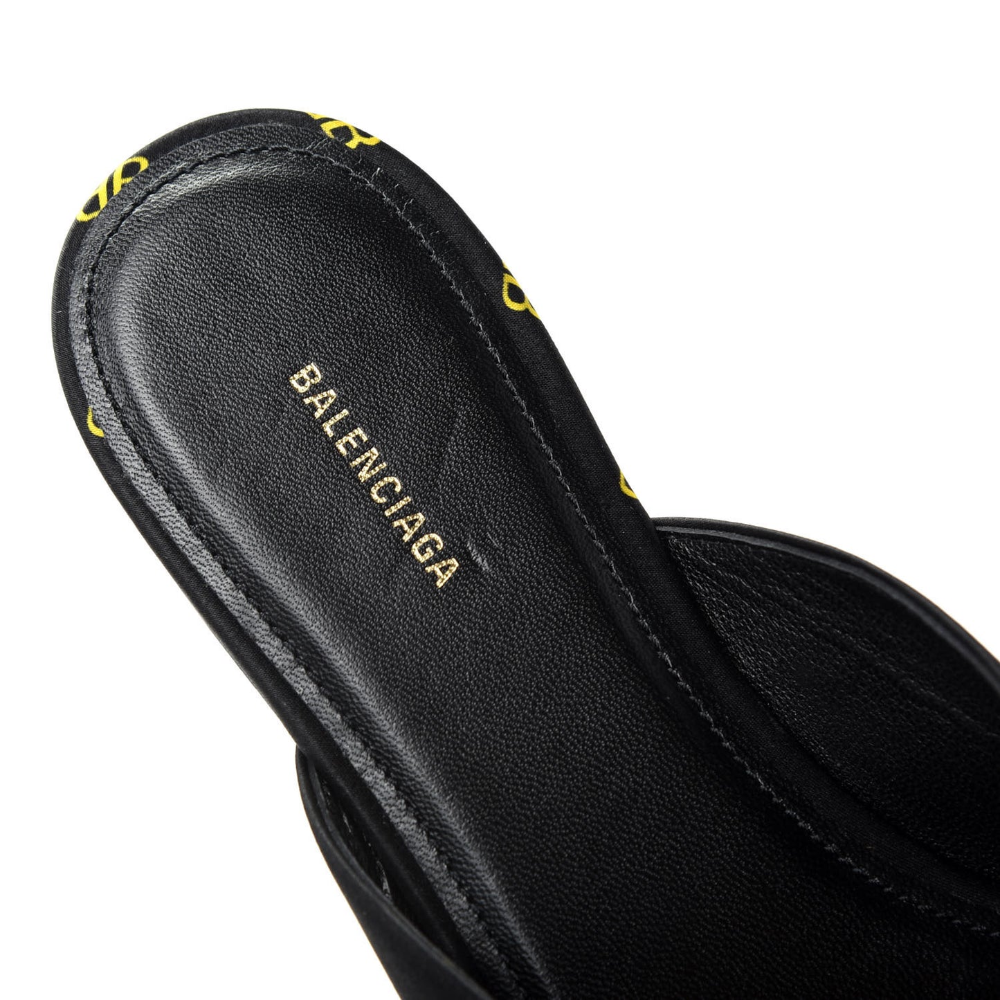 Crepe Satin BB Printed Pointy Toe Knife Flat Mules 37 Black Yellow Fluo