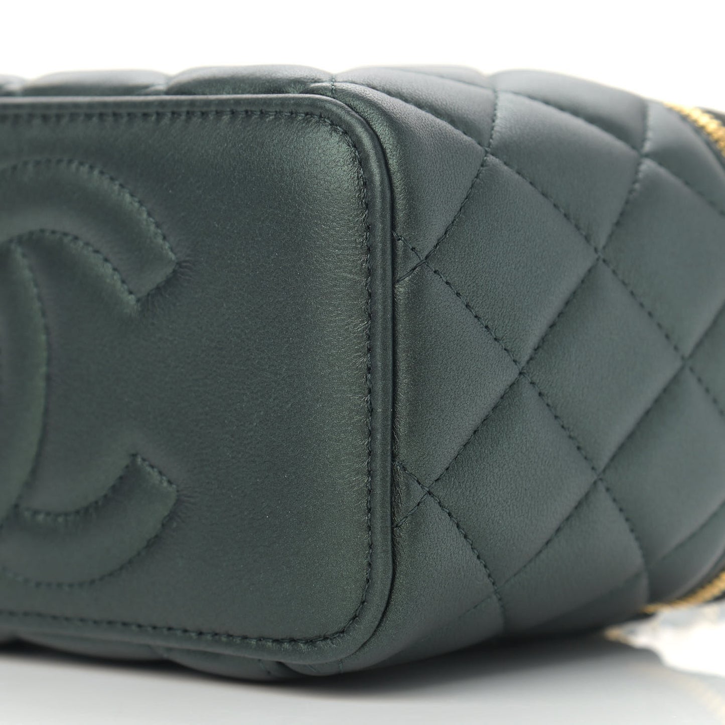 Iridescent Lambskin Quilted Small Top Handle Vanity Case With Chain Dark Green