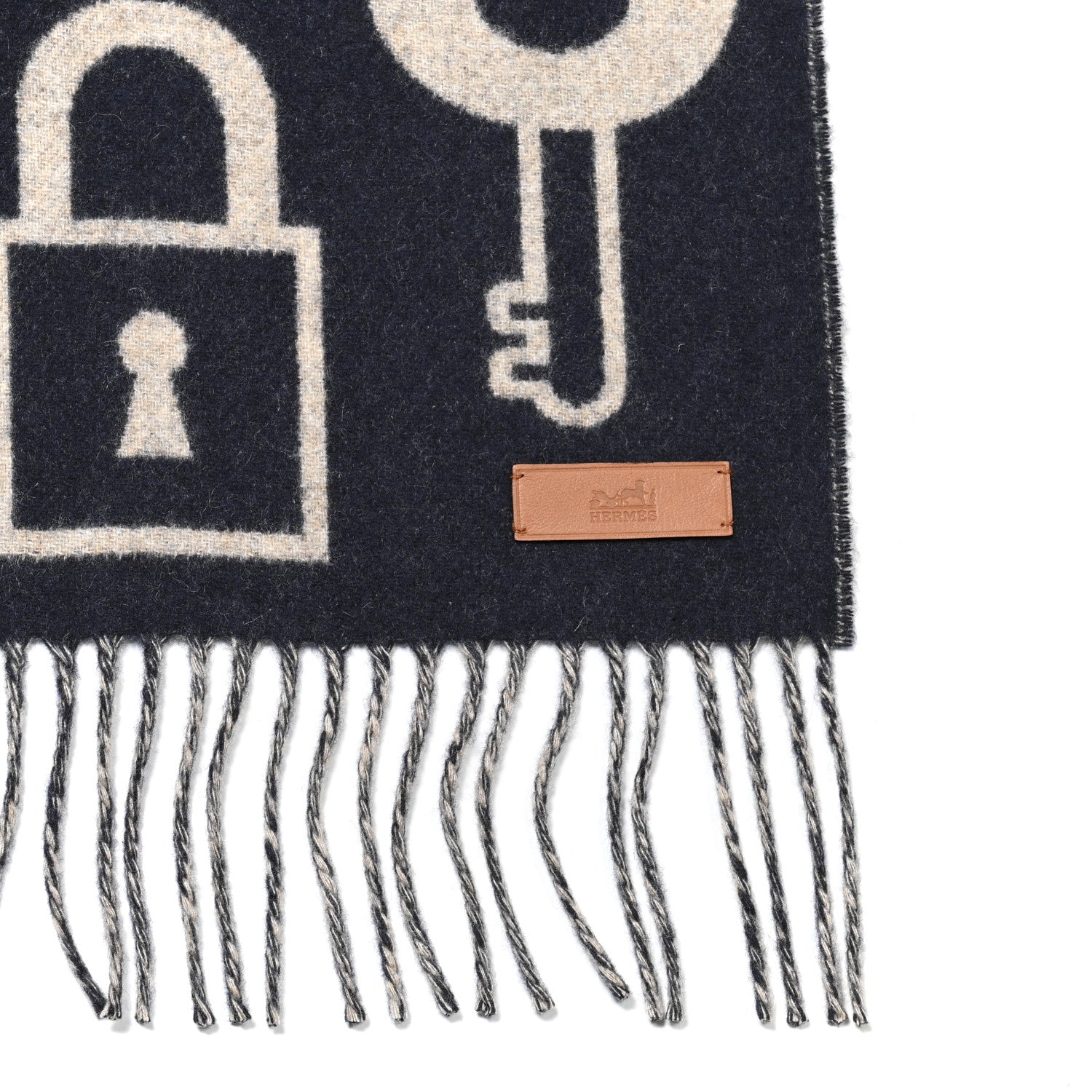 Hermes Cashmere Casaque Porte-Clefs Muffler Marine Beige Chine
